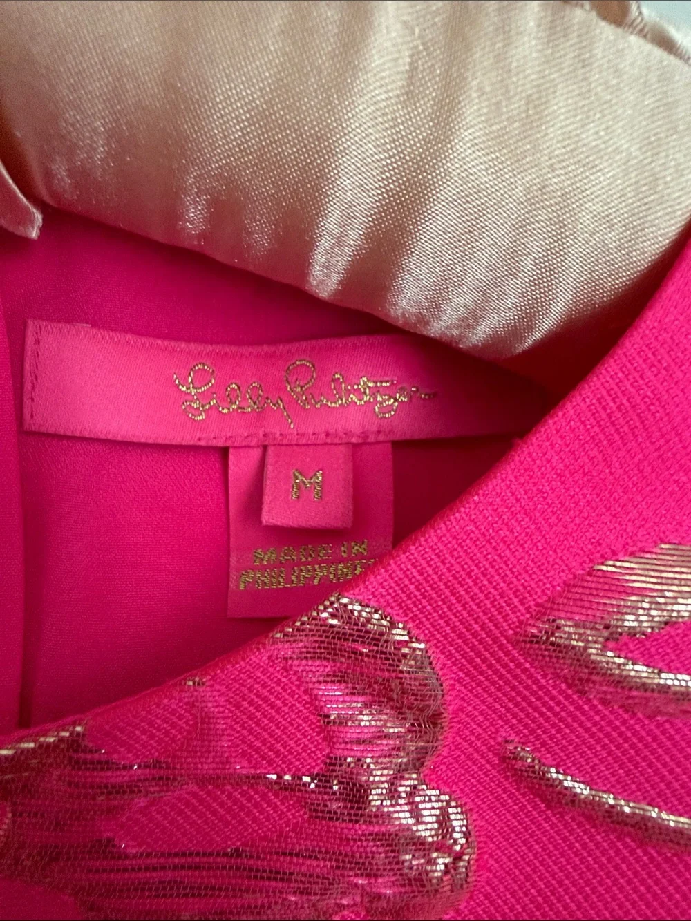 Lilly Pulitzer Bright Pink and Gold Puff Floral Brocade Blouse